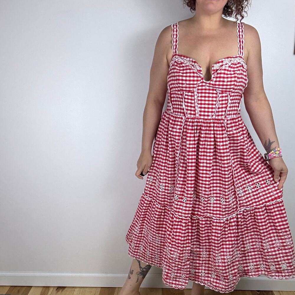 Anthropologie Sleeveless Sweetheart Gingham Midi Dress red gingham size 2X